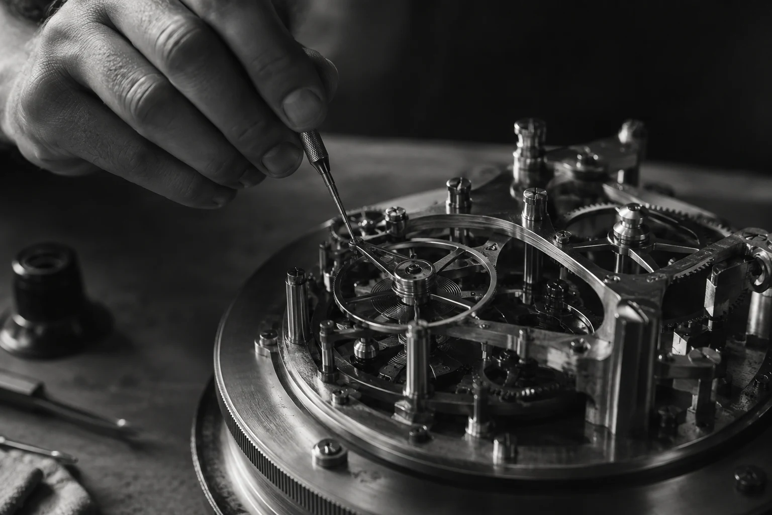 An illustrative monochrome photograph of a hand adjusting a mechanical escapement.